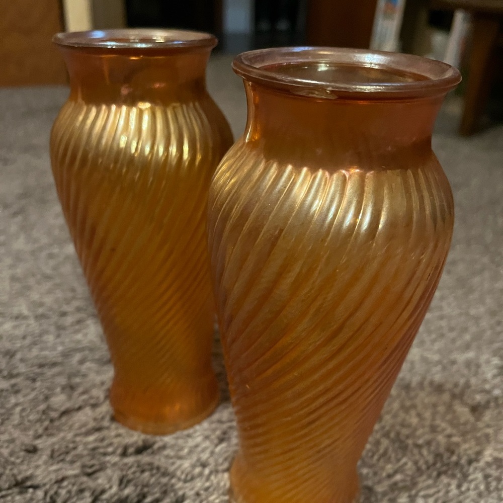 Pair of light orange vases, very cute! Size 2and a quarter opening, 7 feet tall